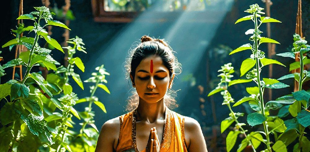 person meditating or practicing yoga in a serene environment, surrounded by Tulsi plants, representing spiritual growth and inner peace